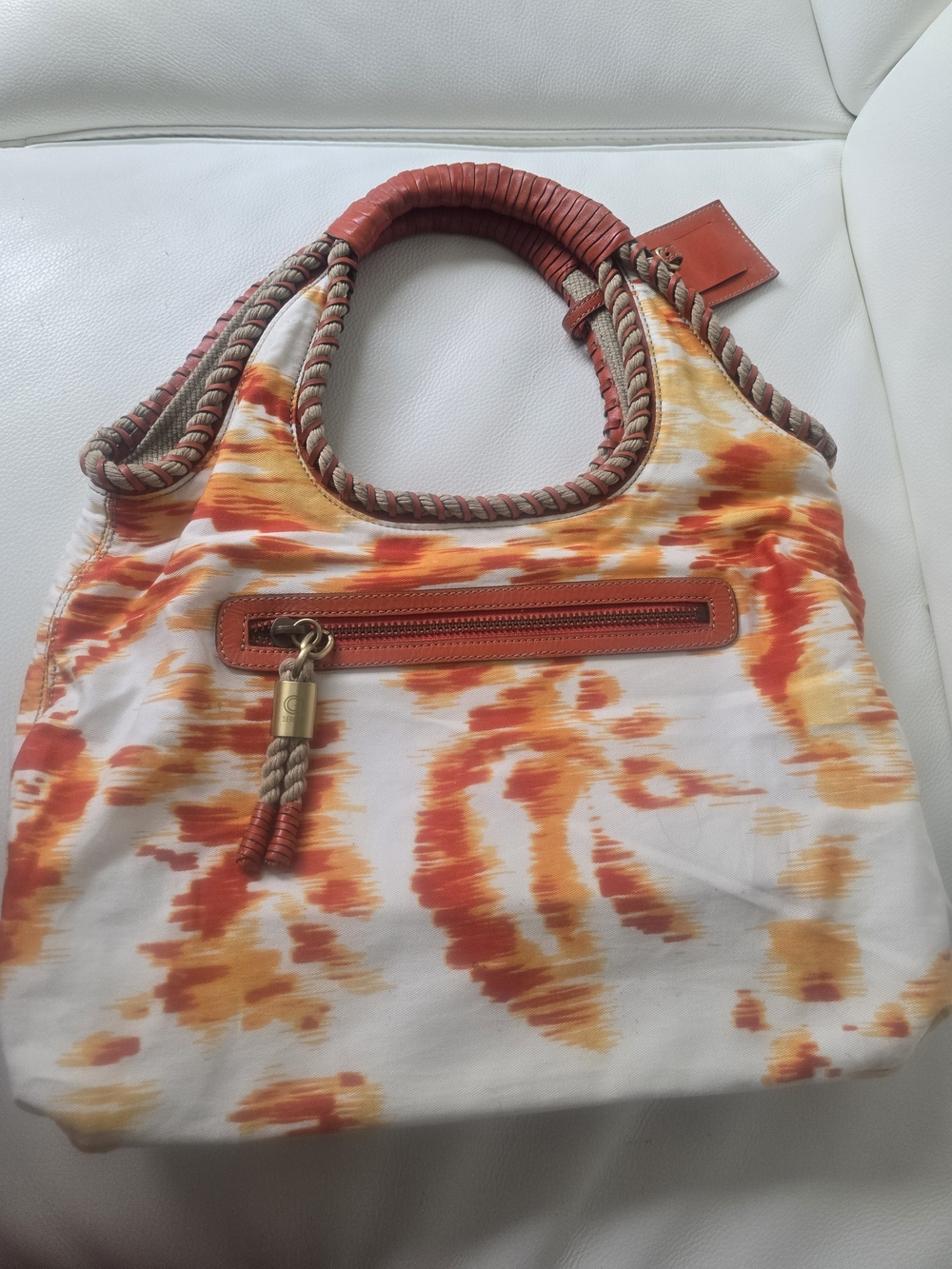 Cole Haan Orange and Cream Tie-Dye Canvas Tote with Rope Handles